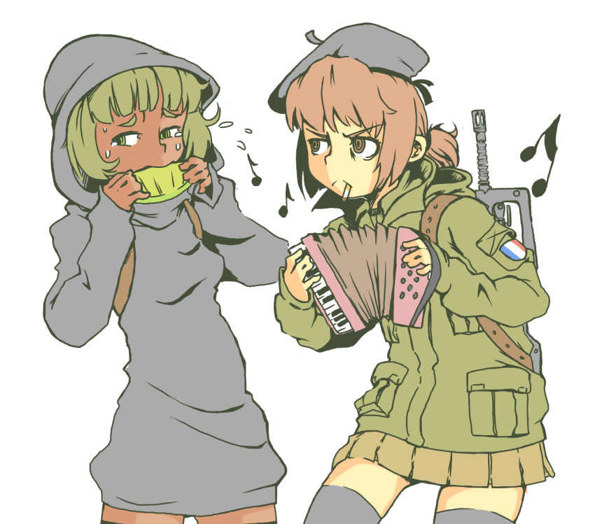 2girls :&lt; accordion assault_rifle beret breasts brown_eyes brown_hair cape cigarette cowl dark_skin famas female flying_sweatdrops food france french_flag frown fruit green_eyes green_hair gun hat hood instrument isis-chan jarv melon military military_uniform multiple_girls musical_note original parody patch playing_instrument ponytail rifle simple_background skirt small_breasts smoking standing sweatdrop tears thigh-highs uniform weapon white_background zettai_ryouiki