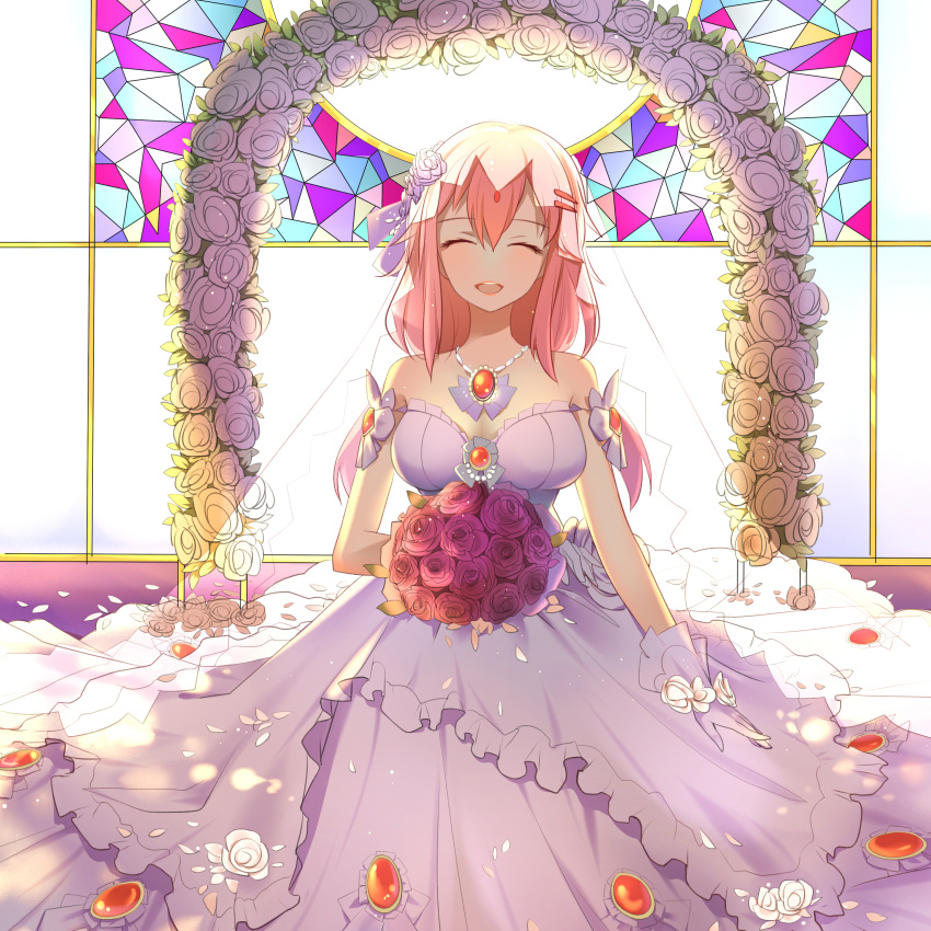 1girl absurdres baiya_hei bare_shoulders bouquet breasts bridal_veil bride cleavage closed_eyes dress flower gloves guilty_crown hair_ornament highres jewelry long_hair necklace open_mouth pink_hair rose smile solo strapless strapless_dress twintails veil wedding_dress white_dress white_rose yuzuriha_inori