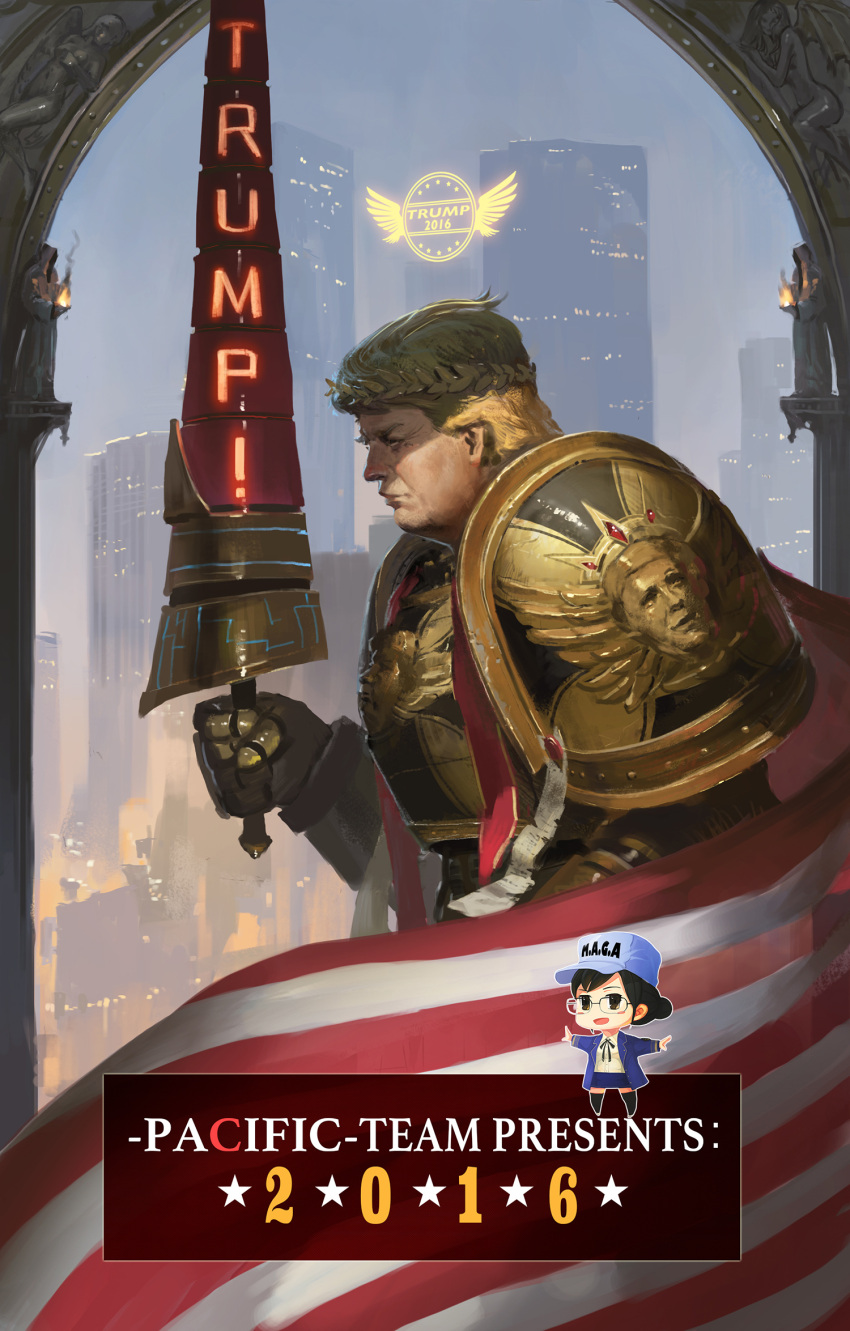2016 america american_flag armor bangs black_hair black_legwear black_ribbon blonde_hair blue_jacket blush blush_stickers building cape character_name chibi city city_lights closed_mouth clothes_writing column dated donald_trump dress_shirt fire flag from_side gauntlets glasses gold gold_armor hair_bun hand_up hat highres holding holding_weapon jacket jeanex king knight laurel_crown laurels long_sleeves male_focus neck_ribbon nose open_clothes open_jacket open_mouth ornate ornate_armor outstretched_arms pauldrons pillar polearm politician power_armor power_suit profile real_life realistic ribbon shield shirt short_hair shoulder_pads sky skyscraper striped thigh-highs torch weapon white_shirt wreath yellow_armor