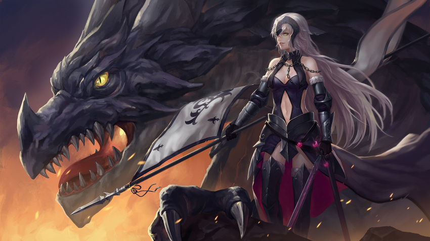1girl arm_at_side armor armored_boots armored_dress bangs bare_shoulders black_gloves boots breasts chains dragon fate/grand_order fate_(series) faulds fire flag floating_hair full_body gloves glowing hair_between_eyes headpiece holding holding_sword holding_weapon jeanne_alter legs_apart light_smile long_hair medium_breasts navel navel_cutout parted_lips ruler_(fate/apocrypha) scabbard sheath shengxie side_cutout silver_hair standing stomach sword unsheathed vambraces very_long_hair waist_cape weapon yellow_eyes