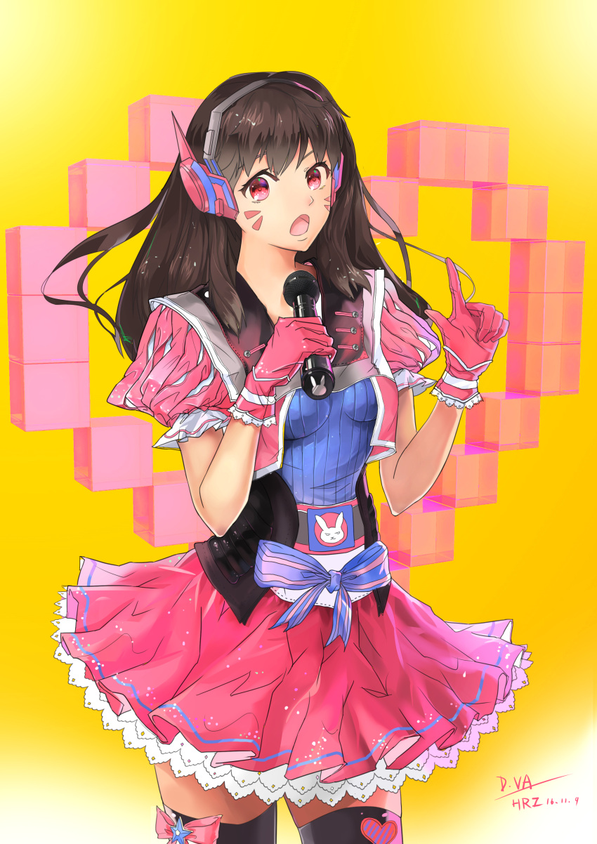 1girl 2016 absurdres adapted_costume alternate_costume alternate_eye_color artist_name bangs black_legwear breasts brown_hair bunny_print character_name corset cowboy_shot cropped_jacket cube d.va_(overwatch) dated facepaint facial_mark frilled_gloves frilled_skirt frilled_sleeves frills gloves hands_up headphones heart highres holding holding_microphone idol index_finger_raised jacket legs_apart long_hair looking_at_viewer medium_breasts microphone open_mouth overwatch pink_eyes pink_jacket pink_skirt puffy_short_sleeves puffy_sleeves purple_shirt ribbon sash shirt short_sleeves singer skirt solo talking thigh-highs whisker_markings