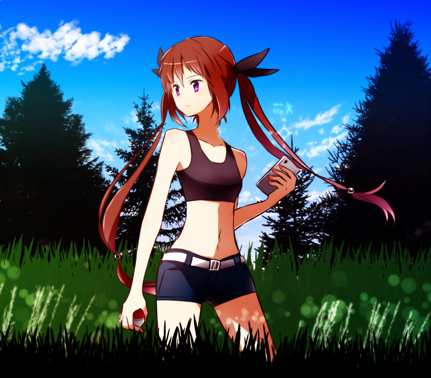 10s 1girl belt brown_hair cellphone clouds compass crop_top denim denim_shorts grass highres holding long_hair midriff nature navel outdoors peco_poco_peco phone poke_ball pokemon pokemon_go ribbon short_shorts shorts sky smartphone solo tank_top tree twintails violet_eyes
