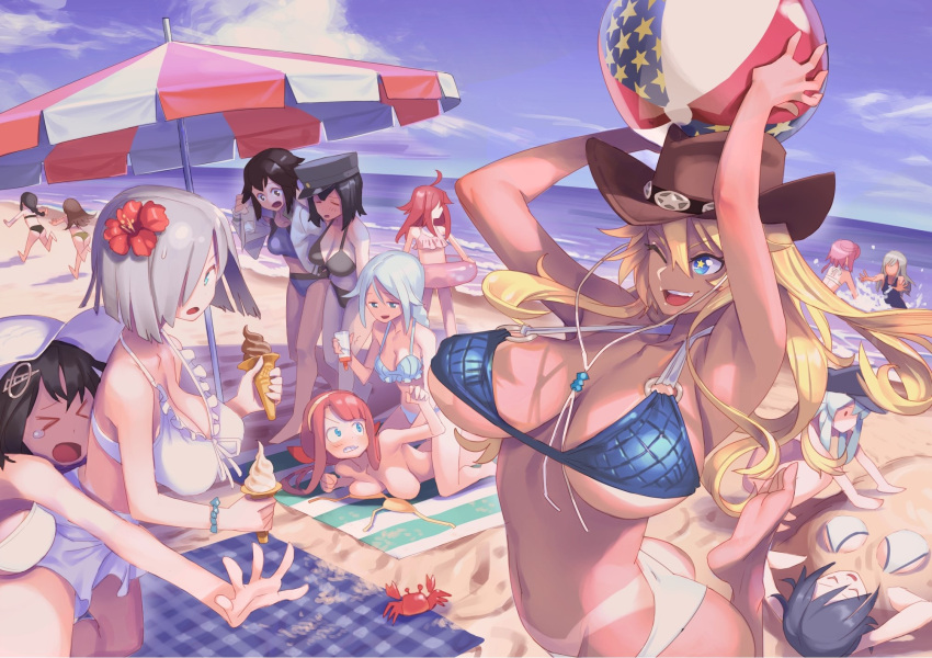 &gt;_&lt; 6+girls akitsu_maru_(kantai_collection) alternate_costume alternate_skin_color american_flag arms_up bad_id ball bare_arms bare_legs bare_shoulders barefoot beach beach_towel beach_umbrella beachball bikini bikini_top black_bikini black_eyes black_hair blonde_hair blouse blue_bikini blue_eyes blue_hair braid breasts brown_hair carrying_over_shoulder closed_eyes clouds cloudy_sky convenient_censoring cowboy_hat crab crop_top flag_print flower food frilled_bikini frills from_behind from_side green_bikini grey_bikini haguro_(kantai_collection) hair_between_eyes hair_flaps hair_flower hair_ornament hair_over_one_eye halter_top halterneck hamakaze_(kantai_collection) hat hayasui_(kantai_collection) hibiki_(kantai_collection) hibiscus highleg highleg_swimsuit highres holding_bag huge_breasts i-58_(kantai_collection) ice_cream incoming_hug iowa_(kantai_collection) kantai_collection katahira_(hiyama) kawakaze_(kantai_collection) kitakami_(kantai_collection) large_breasts lifebuoy looking_at_another looking_to_the_side lying midriff multiple_girls navel ocean on_back on_stomach one-piece_swimsuit ooi_(kantai_collection) outstretched_arms outstretched_hand peaked_cap pervert pink_hair purple_swimsuit redhead ro-500_(kantai_collection) sand sand_sculpture school_swimsuit side-tie_bikini silver_hair single_braid sitting sitting_on_person sky sleeping small_breasts soles standing standing_on_one_leg star star-shaped_pupils swimsuit symbol-shaped_pupils tan tank_top tanline tears tenryuu_(kantai_collection) towel umbrella umikaze_(kantai_collection) under_boob untied untied_bikini uzuki_(kantai_collection) white_bikini white_blouse white_hat white_swimsuit