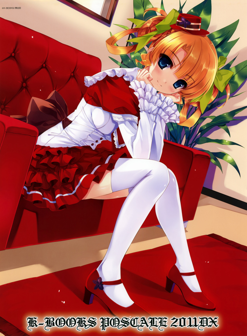 1girl absurdres blonde_hair blue_eyes blush couch dress frilled_skirt frilled_sleeves frills hair_ornament hands_on_own_cheeks hands_on_own_face high_heels highres kuroya_shinobu looking_at_viewer plant scan short_dress short_hair sitting skirt smile solo thigh-highs white_legwear zettai_ryouiki