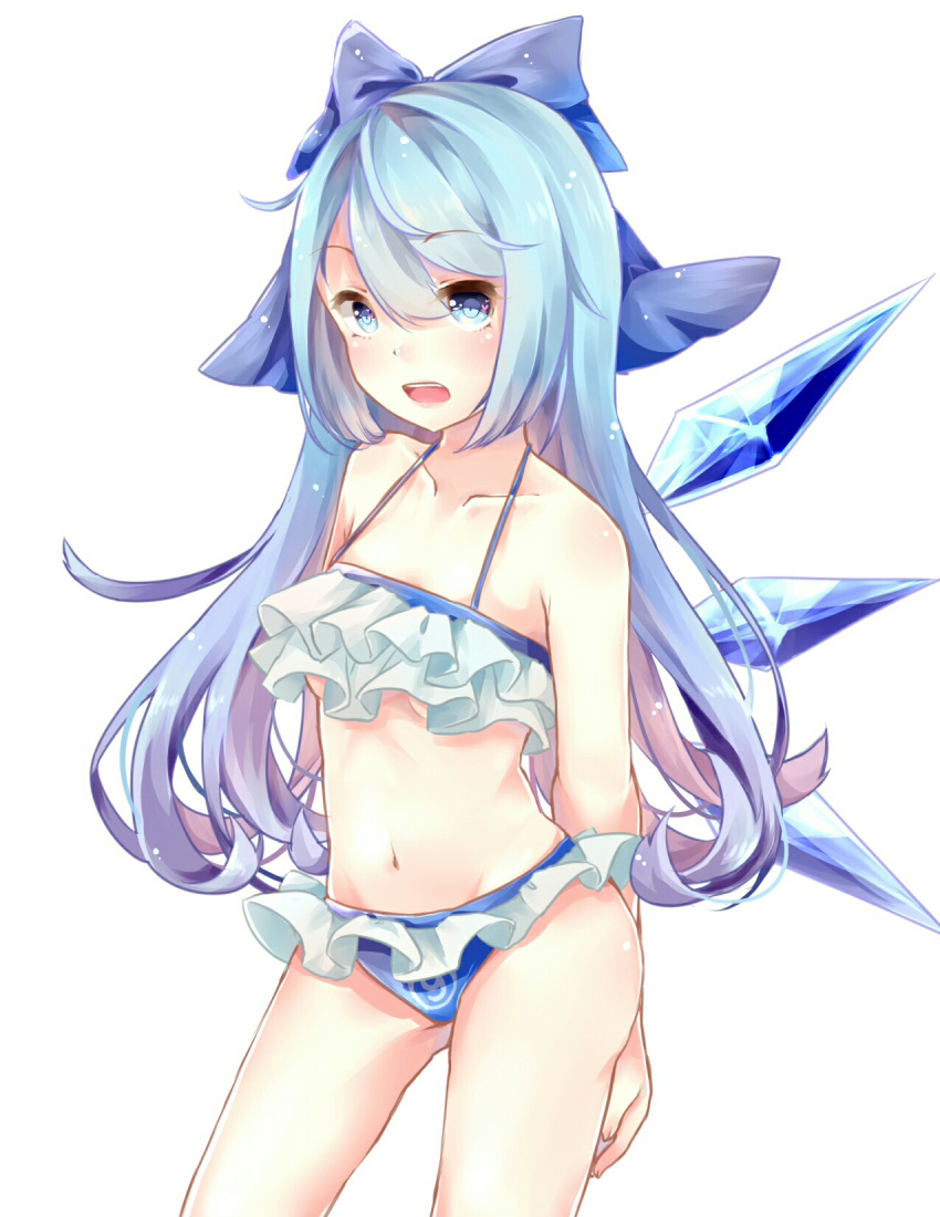 (9) 1girl alternate_hair_length alternate_hairstyle arms_behind_back bikini blue_bikini blue_bow blue_eyes blue_hair blush body_blush bow breasts cirno collarbone frilled_bikini frills hair_between_eyes hair_bow halter_top halterneck highres ice ice_wings long_hair looking_at_viewer navel open_mouth simple_background small_breasts solo standing swimsuit teeth touhou under_boob white_background wings yilocity