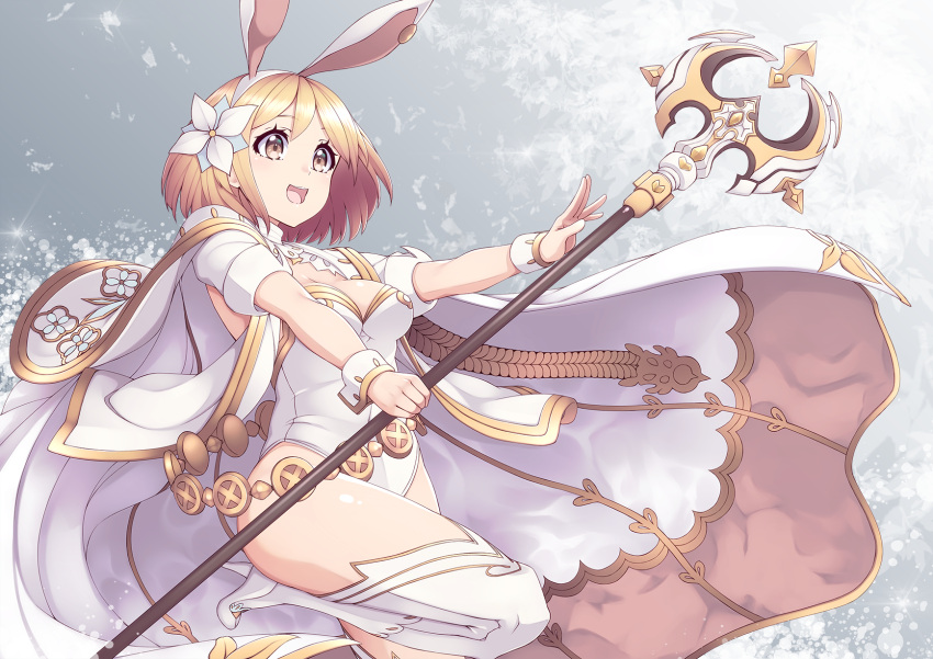 1girl animal_ears blonde_hair boots breasts brown_eyes cape djeeta_(granblue_fantasy) flower granblue_fantasy hair_flower hair_ornament high_heels highres holding holding_staff leotard medium_breasts mku open_mouth outstretched_arms rabbit_ears sage_(granblue_fantasy) short_hair short_sleeves smile solo staff white_boots white_legwear wrist_cuffs