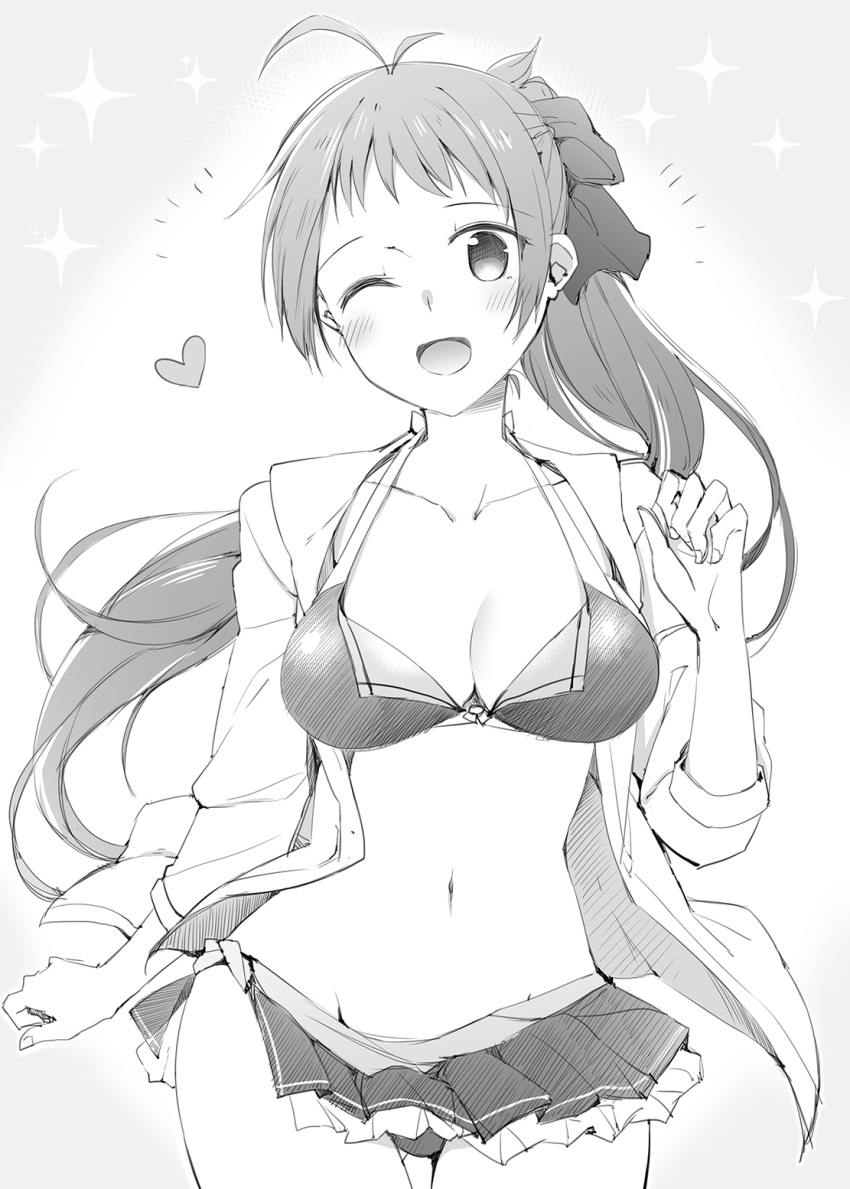 1girl ;d ahoge arm_at_side bikini_skirt blouse bow breasts collarbone greyscale hair_bow hair_ribbon highres irako_(kantai_collection) kantai_collection long_hair looking_at_viewer medium_breasts midriff monochrome navel one_eye_closed open_blouse open_clothes open_mouth ponytail ribbon rui_shi_(rayze_ray) sketch smile sparkle_background