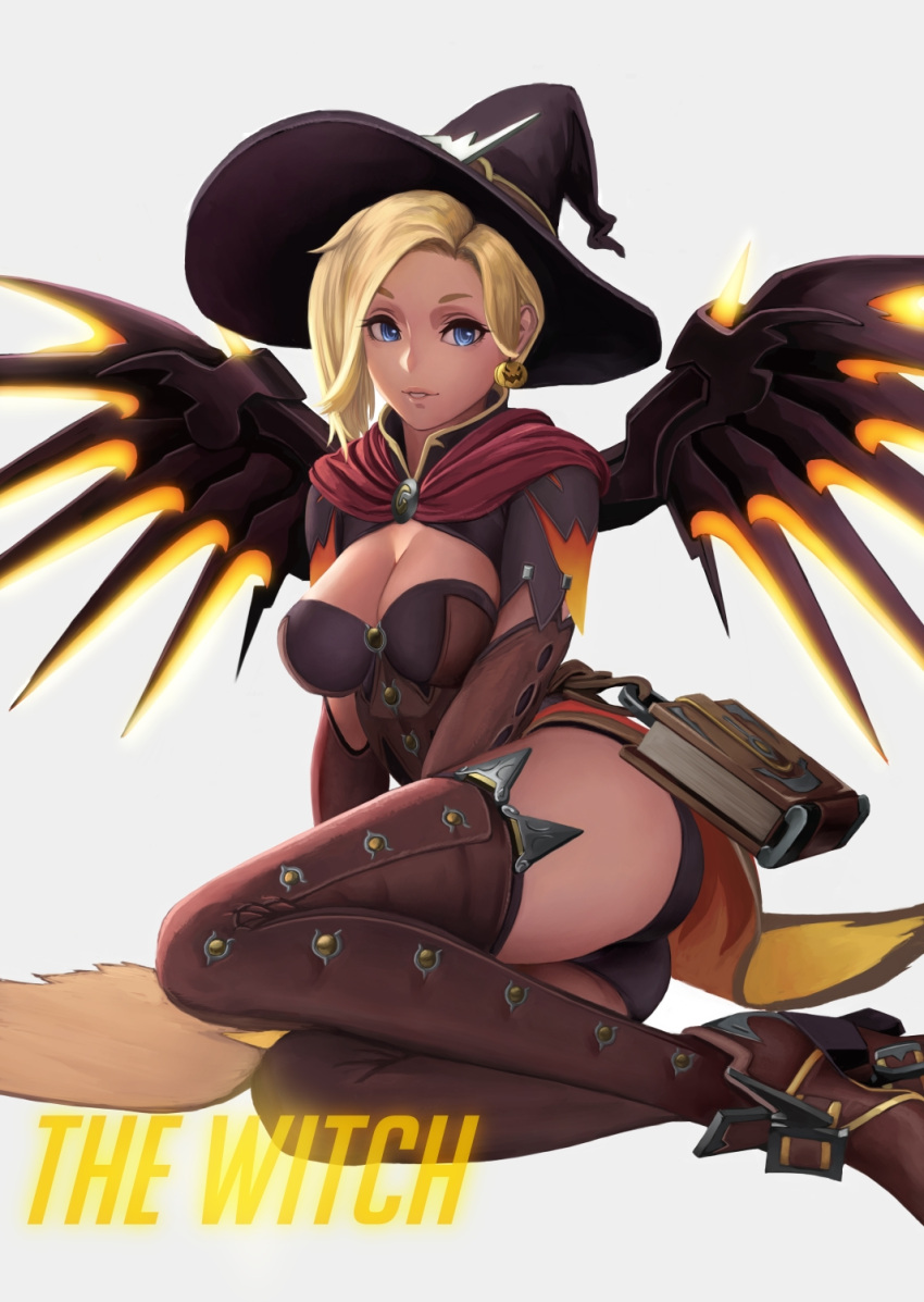 1girl alternate_costume ass black_shorts blonde_hair blue_eyes book breasts brown_legwear brown_shoes cape cleavage earrings elbow_gloves english food_themed_earrings gloves glowing glowing_wings halloween halloween_costume hat high_heels highres jack-o'-lantern jewelry looking_at_viewer mechanical_wings medium_breasts mercy_(overwatch) overwatch parted_lips pumpkin_earrings red_cape shoes short_shorts short_sleeves shorts sitting solo thigh-highs waist_cape wings witch witch_hat witch_mercy yamaneko_(tkdrumsco) yokozuwari