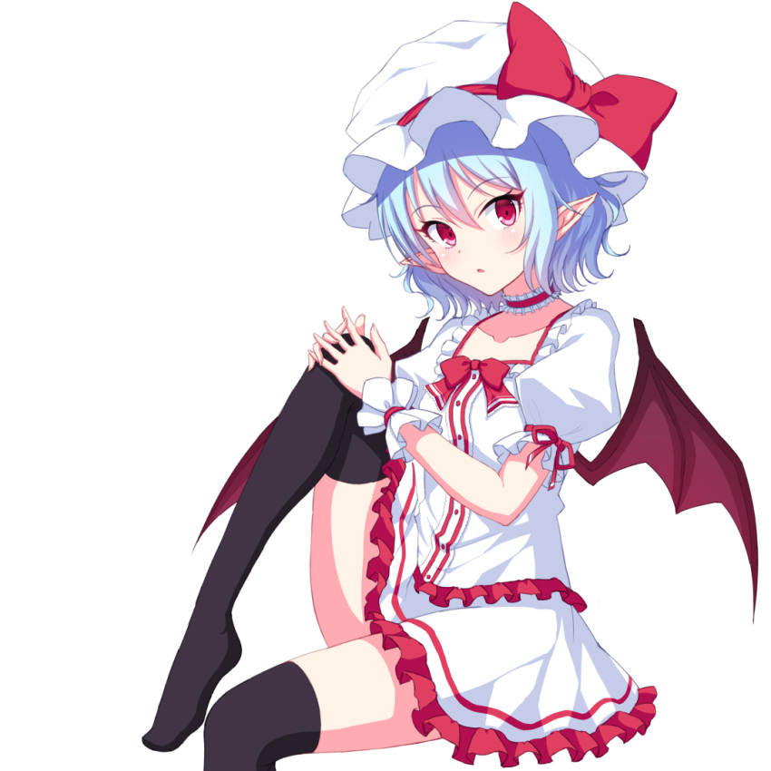 1girl bat_wings black_legwear blue_hair blush bow frills hat junior27016 looking_at_viewer mob_cap pointy_ears puffy_sleeves red_eyes remilia_scarlet ribbon short_hair short_sleeves simple_background skirt skirt_set solo thigh-highs touhou white_background wings wrist_cuffs zettai_ryouiki