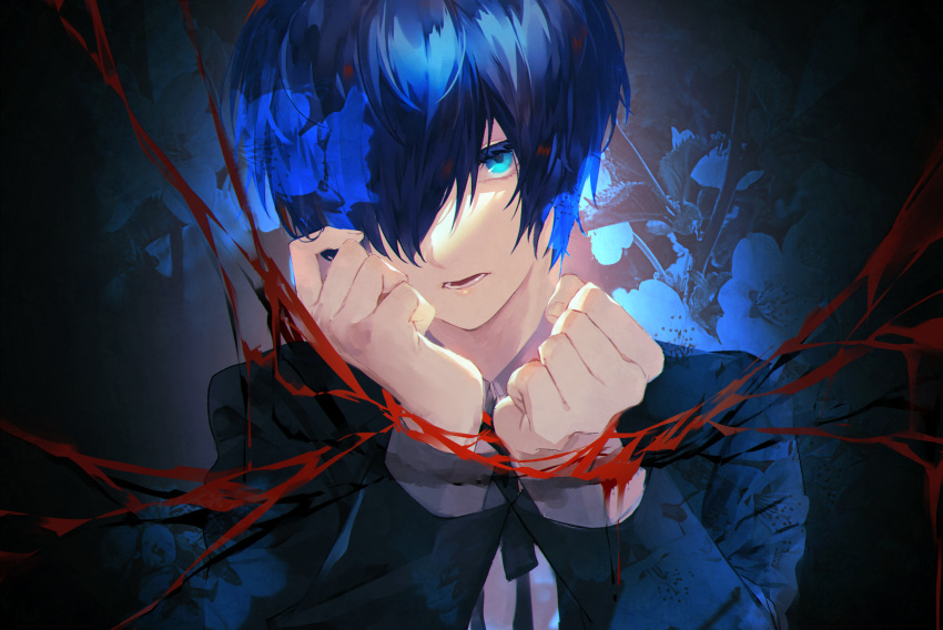 1boy black_jacket black_ribbon blue_eyes blue_hair hair_over_one_eye highres jacket long_sleeves lor_(roasyerizyonirapi) neck_ribbon open_mouth persona persona_3 ribbon shiny shiny_hair short_hair solo upper_body yuuki_makoto