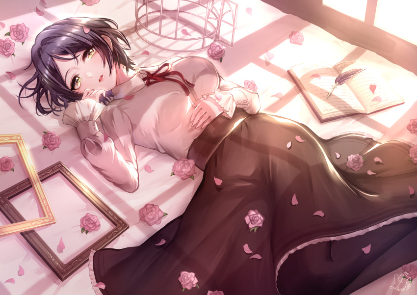 1girl absurdres bangs birdcage black_hair black_legwear book breasts cage flower hayami_kanade highres idolmaster idolmaster_cinderella_girls ilo large_breasts long_sleeves looking_at_viewer lying on_back open_mouth pantyhose parted_bangs petals picture_frame quill rose rose_petals short_hair smile solo yellow_eyes