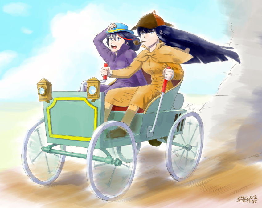 2girls determined driving faux_traditional_media hat highres holding holding_hat kill_la_kill kiryuuin_satsuki matoi_ryuuko meitantei_holmes motion_blur multicolored_hair multiple_girls old_car parody pipe qiannian_zuojia shoes socks streaked_hair trench_coat wind wind_lift world_masterpiece_theater