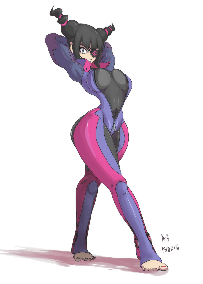 1girl absurdres arms_behind_head barefoot biker_clothes bikesuit bodysuit breasts eyepatch full_body han_juri highres looking_at_viewer rih_bueno smile solo street_fighter street_fighter_v toeless_legwear