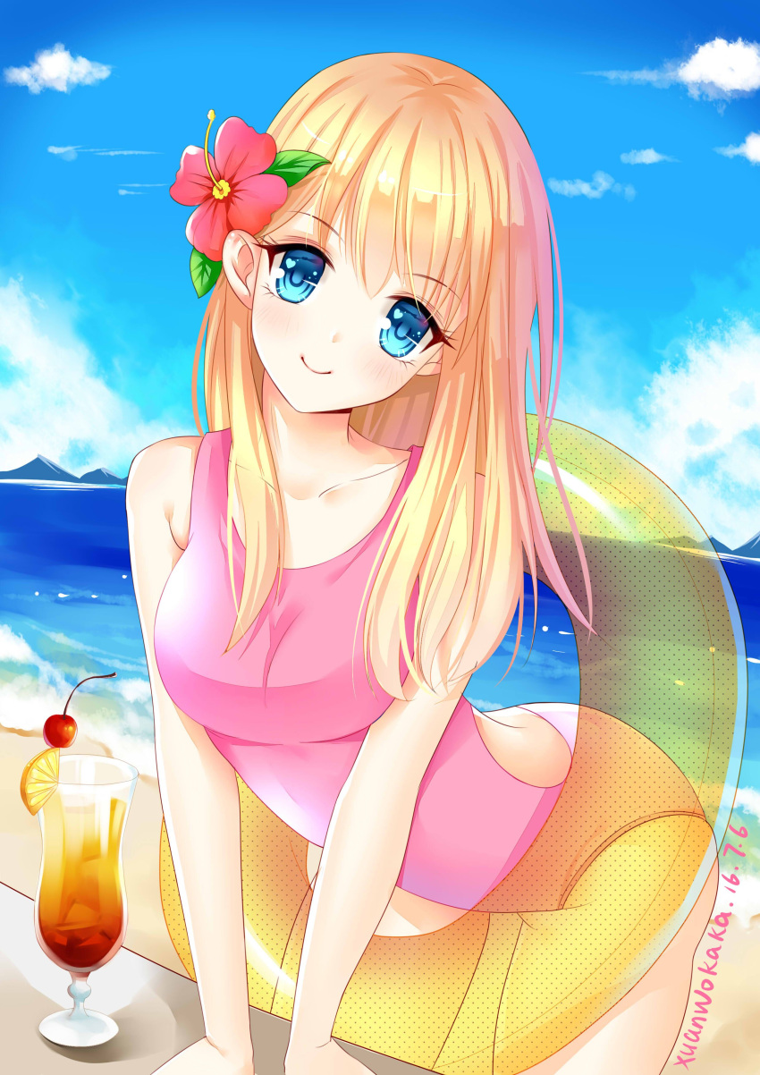 1girl 2016 absurdres bare_shoulders beach bent_over blonde_hair blue_eyes blush breasts casual_one-piece_swimsuit collar dated flower hair_flower hair_ornament hibiscus highres innertube leaning_forward long_hair looking_at_viewer ocean one-piece_swimsuit original outdoors pink_swimsuit signature smile solo standing swimsuit water xuanwo_kaka