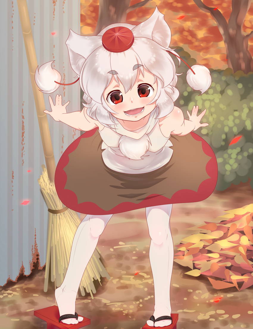 1girl :d absurdres animal_ears autumn_leaves bamboo_broom bare_arms bare_shoulders black_skirt blush breasts broom full_body geta hat highres inubashiri_momiji leaning_forward looking_at_viewer open_mouth outdoors pantyhose pom_pom_(clothes) red_eyes shirt short_hair skirt sleeveless sleeveless_shirt small_breasts smile solo tochinoko tokin_hat touhou white_hair white_legwear white_shirt wolf_ears younger