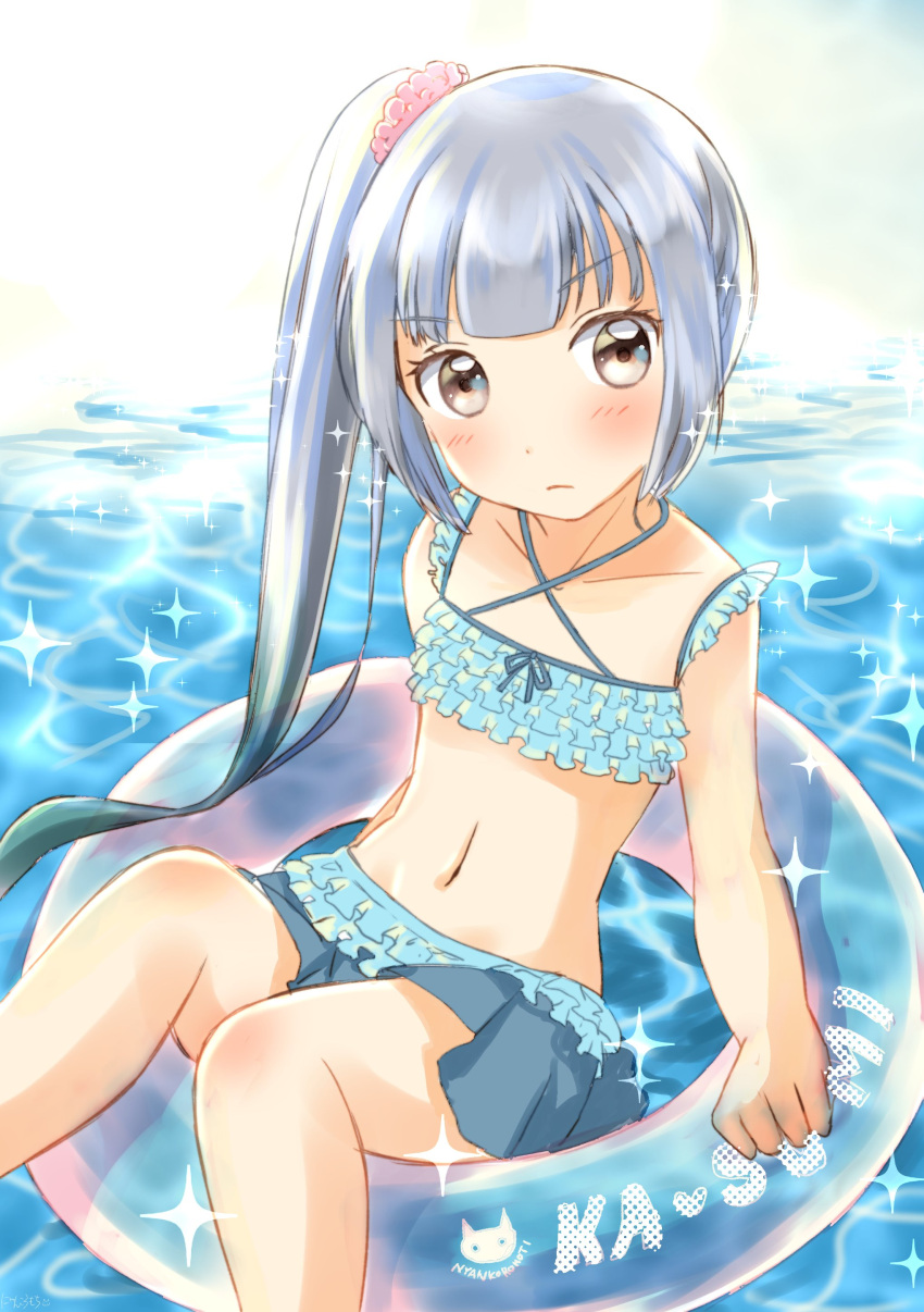 1girl absurdres alternate_costume bare_arms bare_legs bikini brown_eyes commentary_request grey_hair hair_ornament hair_ribbon highres innertube kantai_collection kasumi_(kantai_collection) long_hair looking_at_viewer misacho_(misa1001) navel ribbon side_ponytail solo swimsuit water