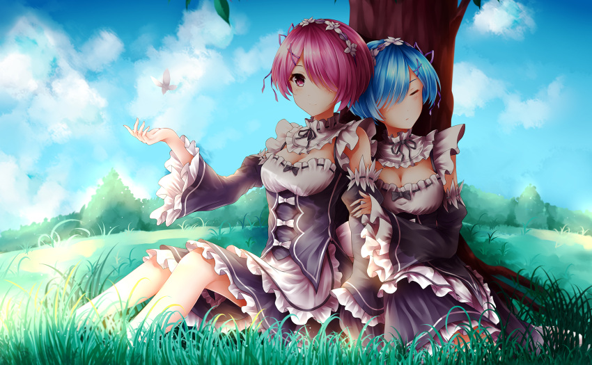 2girls animal apron arm_holding black_bow black_ribbon blue_eyes blue_hair blue_sky blush bow breasts butterfly closed_eyes closed_mouth clouds detached_sleeves dress frilled_sleeves frills grass hair_ornament hair_over_one_eye hairband hairclip hand_on_another's_arm highres large_breasts leaning_on_person looking_at_viewer maid medium_breasts multiple_girls neck_ribbon no_legwear on_ground one_eye_covered outdoors pink_eyes pink_hair ram_(re:zero) re:zero_kara_hajimeru_isekai_seikatsu rem_(re:zero) ribbon ribbon_trim shade short_hair siblings sisters sitting sky sleeping smile sunlight tree twins under_tree waist_apron white_apron white_bow wide_sleeves wsman x_hair_ornament
