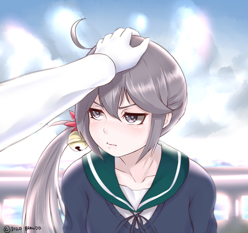 1girl admiral_(kantai_collection) ahoge akebono_(kantai_collection) artist_name bell blush cardigan clouds cloudy_sky collarbone commentary_request disco_brando flower gloves hair_bell hair_flower hair_ornament hand_on_another's_head highres kantai_collection long_hair looking_away outdoors pov pov_hands purple_hair school_uniform serafuku side_ponytail sky solo_focus violet_eyes wavy_mouth white_gloves