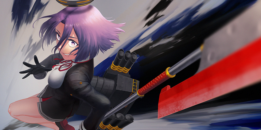 1girl bangs bare_legs black_gloves breasts commentary_request dress from_above glaive gloves highres holding holding_weapon kantai_collection lips long_sleeves looking_at_viewer mechanical_halo medium_breasts parted_bangs parted_lips perspective purple_hair rigging short_dress short_hair smile tatsuta_(kantai_collection) violet_eyes weapon yue_(tada_no_saboten)
