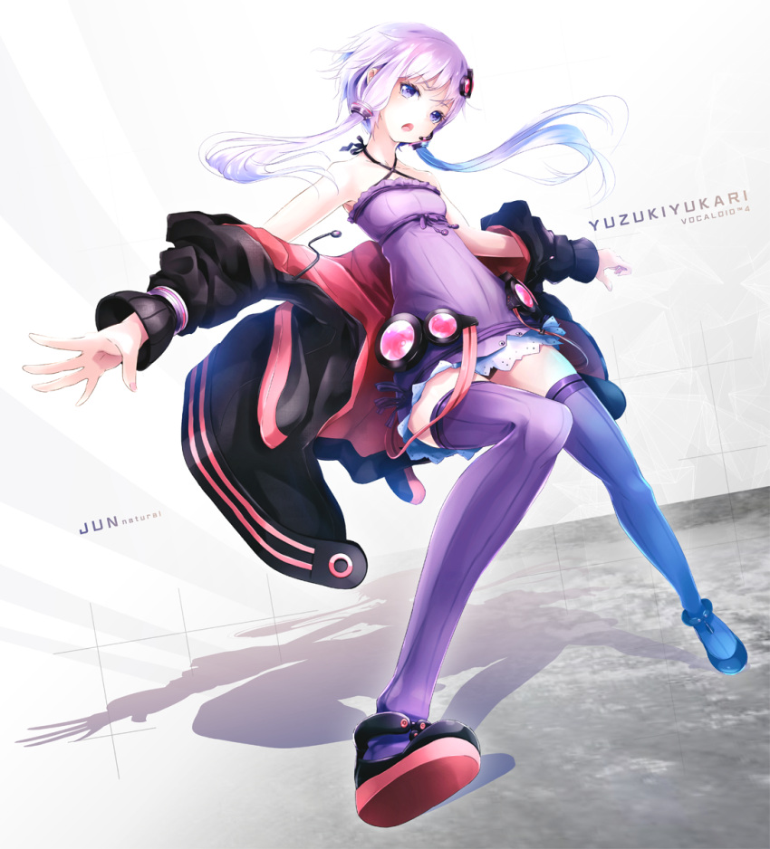 1girl ajigo bare_shoulders blue_eyes earpiece highres jacket looking_at_viewer off_shoulder open_mouth purple_hair purple_legwear sleeveless solo thigh-highs vocaloid yuzuki_yukari