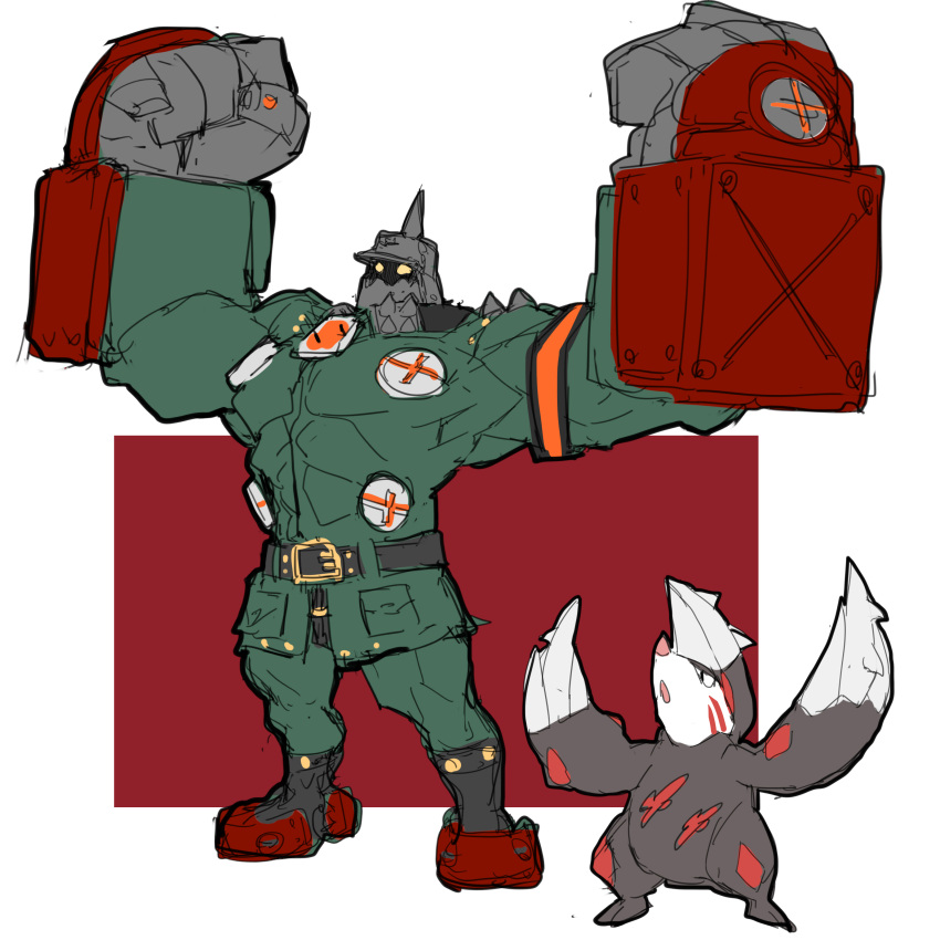1boy absurdres crossover excadrill flat_color guilty_gear guilty_gear_xrd highres makai male_focus military military_uniform oversize_forearms pickelhaube pokemon pokemon_(creature) pose potemkin_(guilty_gear) solo uniform white_background