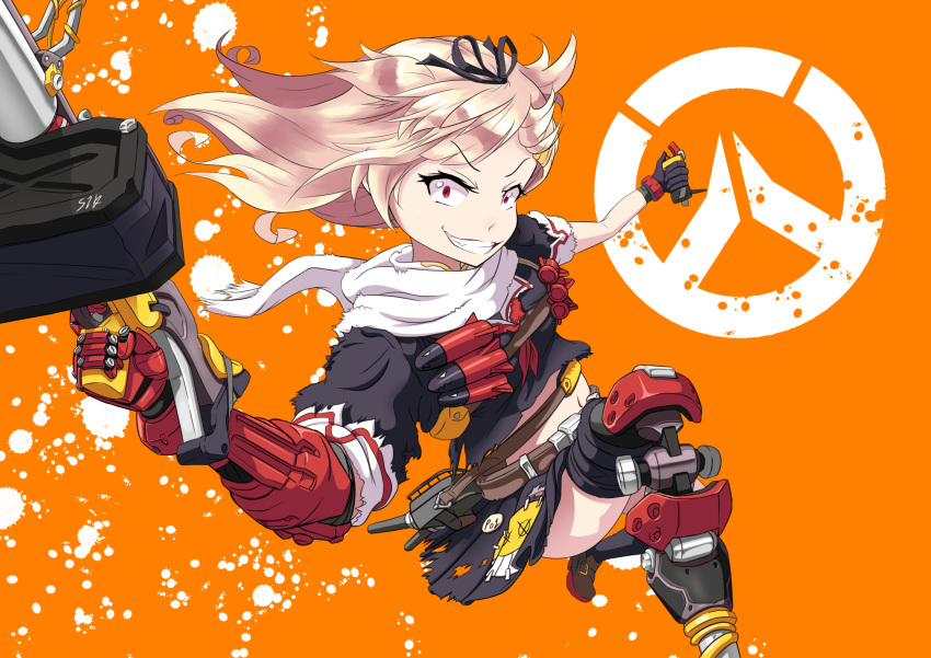 &gt;:d 1girl :d blonde_hair commentary crazy_eyes crazy_smile gloves grenade_launcher grin highres junkrat_(overwatch) kantai_collection open_mouth overwatch prosthesis prosthetic_arm prosthetic_leg red_eyes remodel_(kantai_collection) s1k_bo1 smile solo torpedo weapon wide-eyed yuudachi_(kantai_collection)