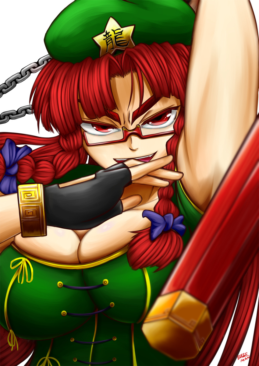 1girl alternate_eye_color arm_up beret bespectacled braid breasts bugge_man chains cleavage close-up dress eyebrows fingerless_gloves glasses gloves green_dress hat highres hong_meiling large_breasts nunchaku red-framed_eyewear red_eyes redhead semi-rimless_glasses side_braids sleeveless solo star touhou twin_braids under-rim_glasses weapon white_background