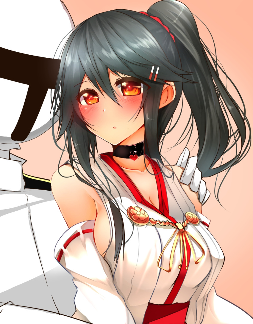 1boy 1girl :o admiral_(kantai_collection) alternate_hairstyle bangs bare_shoulders black_hair blush breasts choker cleavage collarbone detached_sleeves embarrassed gloves hair_ornament hairclip hand_on_another's_shoulder haruna_(kantai_collection) heart heart-shaped_pupils highres kantai_collection large_breasts long_hair looking_at_another military military_uniform nontraditional_miko orange_eyes ponytail ribbon-trimmed_sleeves ribbon_trim sideboob sidelocks swept_bangs symbol-shaped_pupils tsukui_kachou uniform upper_body white_gloves