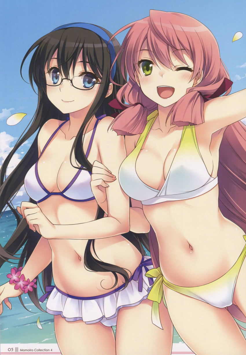 2girls ;d absurdres akashi_(kantai_collection) alternate_costume armpits bikini bikini_skirt black_hair blue_eyes breasts collarbone flower flower_bracelet glasses gradient_bikini green_eyes hair_between_eyes hair_ribbon hairband halterneck highres kantai_collection locked_arms long_hair medium_breasts multiple_girls ocean one_eye_closed ooyodo_(kantai_collection) open_mouth outstretched_arm petals pink_hair ribbon saeki_hokuto scan side-tie_bikini sidelocks smile swimsuit tress_ribbon very_long_hair water white_bikini