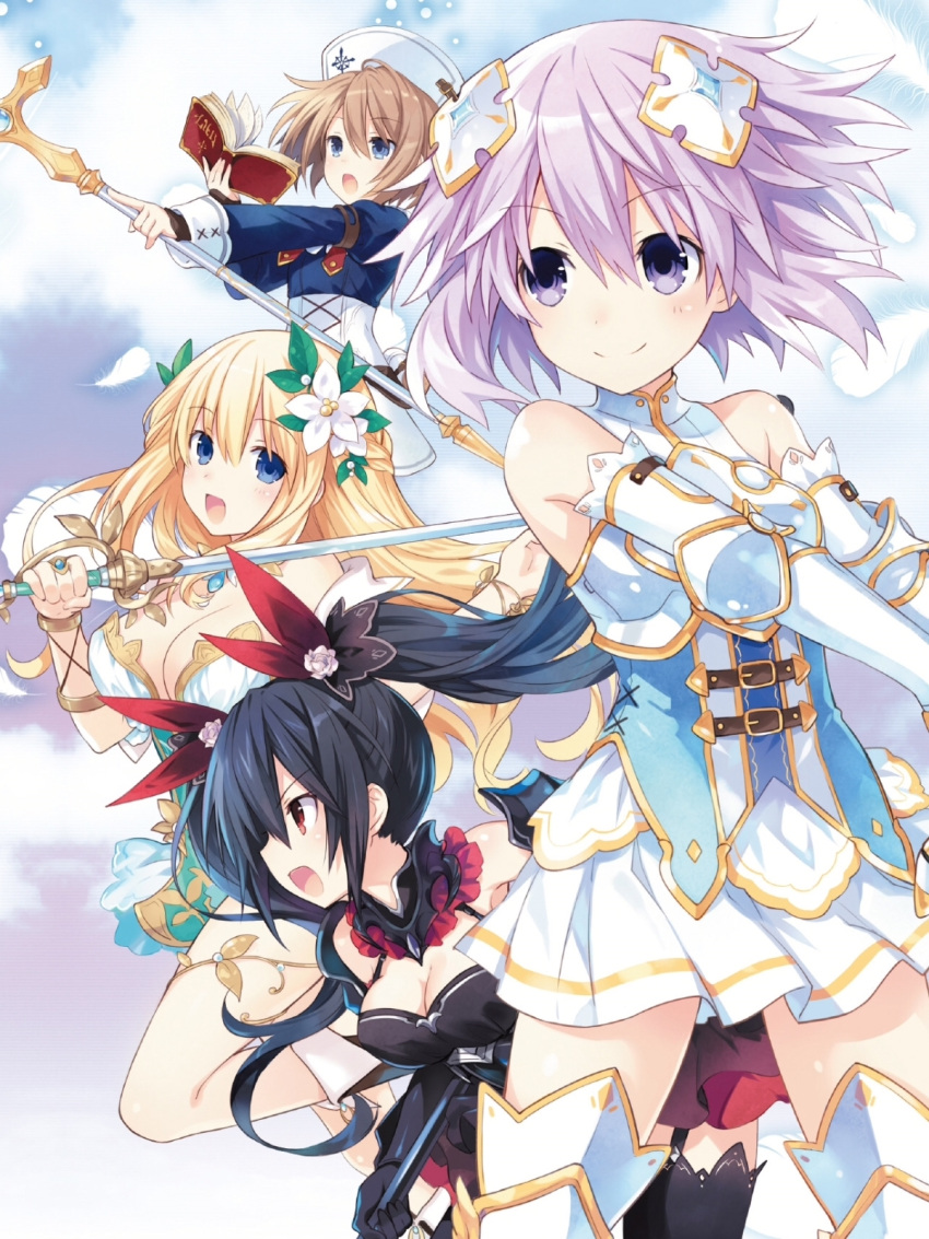 4girls alternate_costume armor black_hair blanc blonde_hair blue_eyes book breasts brown_hair choujigen_game_neptune cleavage elbow_gloves four_goddesses_online:_cyber_dimension_neptune gauntlets gloves hair_ornament hat highres holding holding_weapon jewelry long_hair medium_breasts multiple_girls neptune_(choujigen_game_neptune) neptune_(series) noire open_mouth polearm purple_hair rapier red_eyes short_hair smile spear staff sword tsunako twintails vert violet_eyes weapon