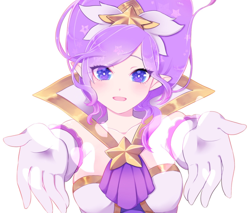 1girl blue_eyes breasts elbow_gloves janna_windforce league_of_legends pointy_ears ponytail purple_hair star_guardian_janna