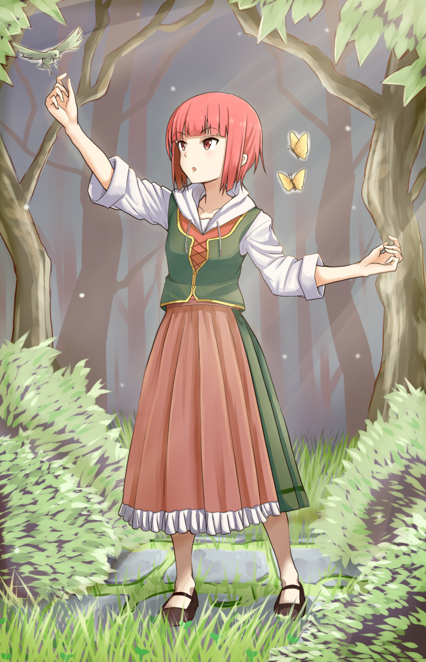1girl :o alternate_costume arm_up atatata71 bangs bird blunt_bangs brown_eyes bush butterfly collarbone dress eyebrows eyebrows_visible_through_hair forest full_body german_clothes grass highres hood hood_down kantai_collection karikura_(atatata71) light_rays nature outstretched_arms redhead short_hair solo sunbeam sunlight tree z3_max_schultz_(kantai_collection)