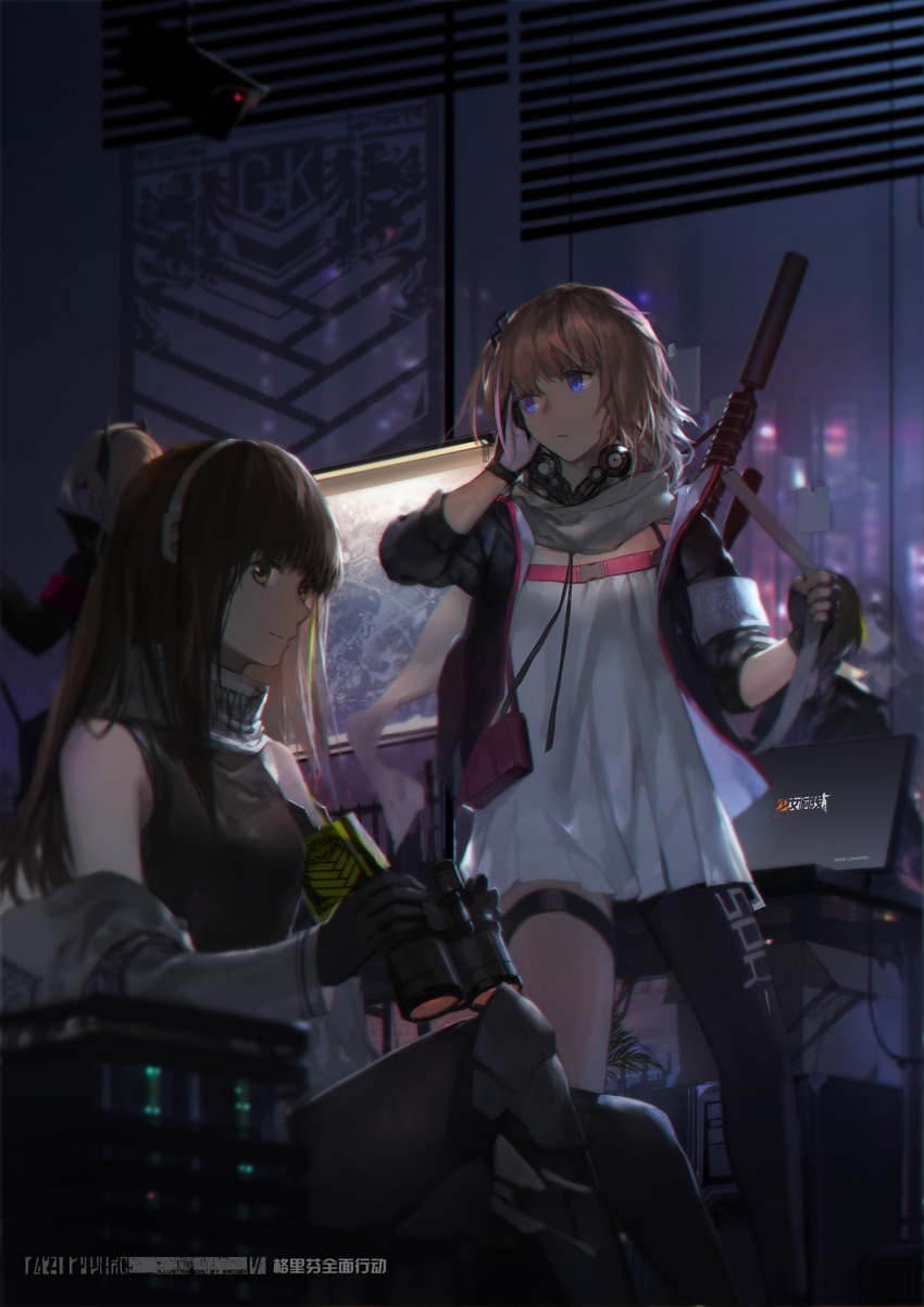 4girls asymmetrical_legwear bag binoculars black_gloves blonde_hair blue_eyes brown_eyes brown_hair computer fingerless_gloves girls_frontline gloves gun handbag headphones highres indoors jacket looking_at_viewer looking_to_the_side m16a1_(girls_frontline) m4_sopmod_ii_(girls_frontline) m4a1_(girls_frontline) monitor multiple_girls poster security_camera sitting smile st_ar-15_(girls_frontline) swd3e2 thigh-highs weapon white_gloves window