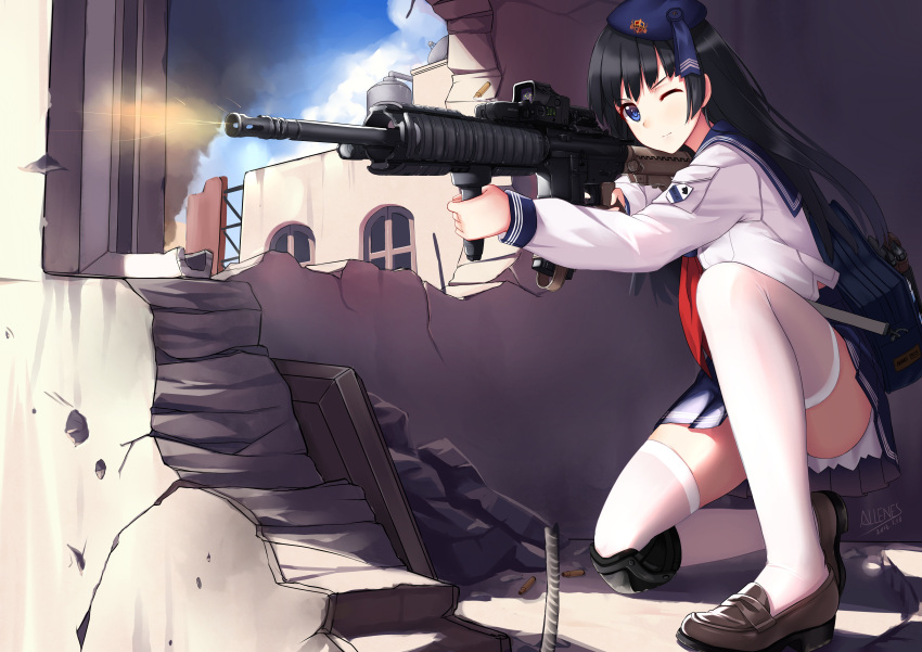 1girl ;) absurdres allenes artist_name bag battle_rifle beret black_hair black_shoes blue_eyes blue_hat blue_skirt blue_sky building bullet_hole closed_mouth clouds day emblem firing gun hat highres holding holding_gun holding_weapon knee_pads loafers long_hair long_sleeves one_eye_closed one_knee original outstretched_arm pleated_skirt rifle ruins school_uniform serafuku shirt shoes signature skirt sky smile sniper_rifle solo thigh-highs very_long_hair weapon white_legwear white_shirt window zettai_ryouiki