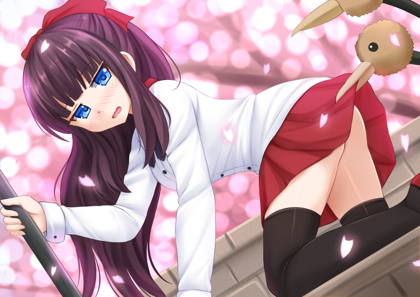 1girl 90s all_fours arm_support assault_rifle beak black_eyes black_legwear blue_eyes blurry_background blush bow brick_wall buttons cherry_blossoms crossover doduo dutch_angle from_side gun hair_bow highres kazenokaze long_hair long_sleeves looking_at_viewer looking_to_the_side new_game! nose_blush outdoors petals pleated_skirt pokemon pokemon_(creature) pokemon_(game) pokemon_rgby pole purple_hair red_bow red_shoes rifle shoes skirt solo_focus takimoto_hifumi thigh-highs thighs very_long_hair weapon zettai_ryouiki