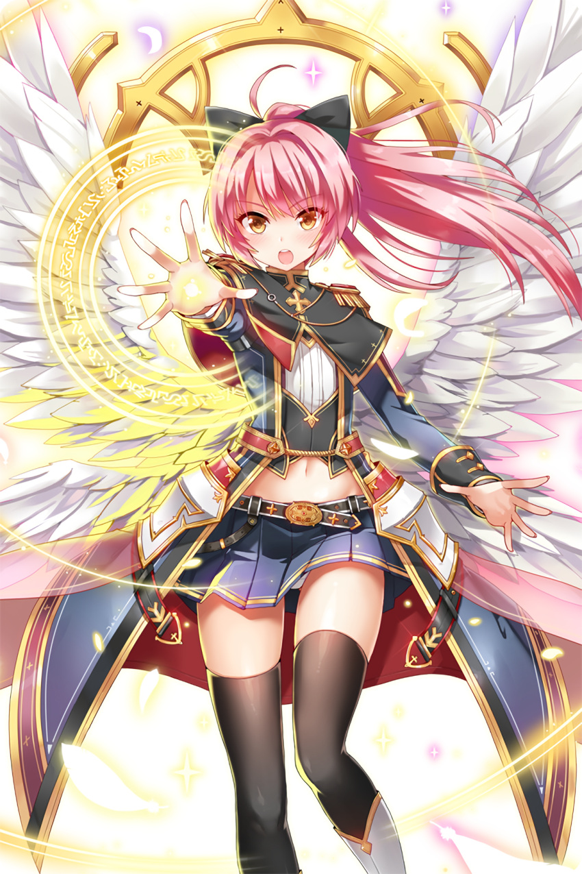 1girl belt black_bow black_legwear blue_skirt bow brown_eyes epaulettes hair_bow highres isillia_(soccer_spirits) looking_at_viewer magic midriff navel official_art open_mouth outstretched_hand pink_hair serin199 skirt soccer_spirits solo standing thigh-highs white_wings wings