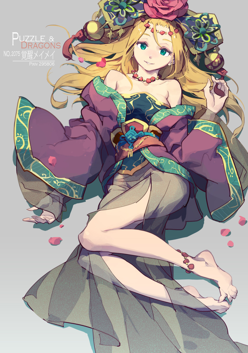 1girl anklet bare_legs bare_shoulders barefoot blonde_hair blush chinese_clothes collarbone commentary_request dress feet flower green_eyes hair_flower hair_ornament hat highres jewelry long_hair looking_at_viewer lying meimei_(p&amp;d) necklace off_shoulder on_back puzzle_&amp;_dragons smile solo tennohi wide_sleeves