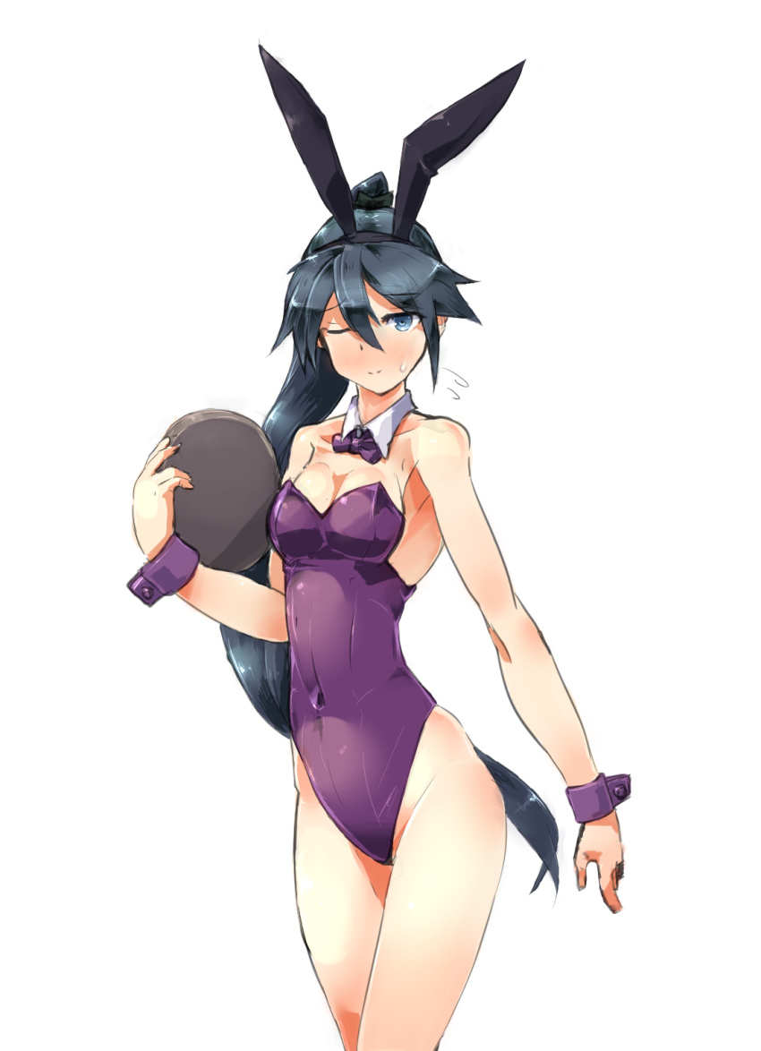 1girl alternate_costume animal_ears bare_legs bare_shoulders blue_eyes blue_hair blush bow bowtie breasts bunny_girl bunny_tail bunnysuit covered_navel depo_(typebaby505) detached_collar fake_animal_ears flying_sweatdrops hair_between_eyes hair_ornament hair_ribbon highres holding holding_tray houshou_(kantai_collection) kantai_collection leotard one_eye_closed ponytail rabbit_ears ribbon simple_background small_breasts solo sweatdrop tail tray white_background wrist_cuffs