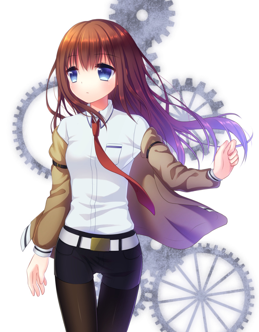 1girl belt black_legwear black_shorts blue_eyes brown_hair highres kuro_futoshi long_hair makise_kurisu necktie pantyhose red_necktie shirt shorts solo steins;gate white_shirt