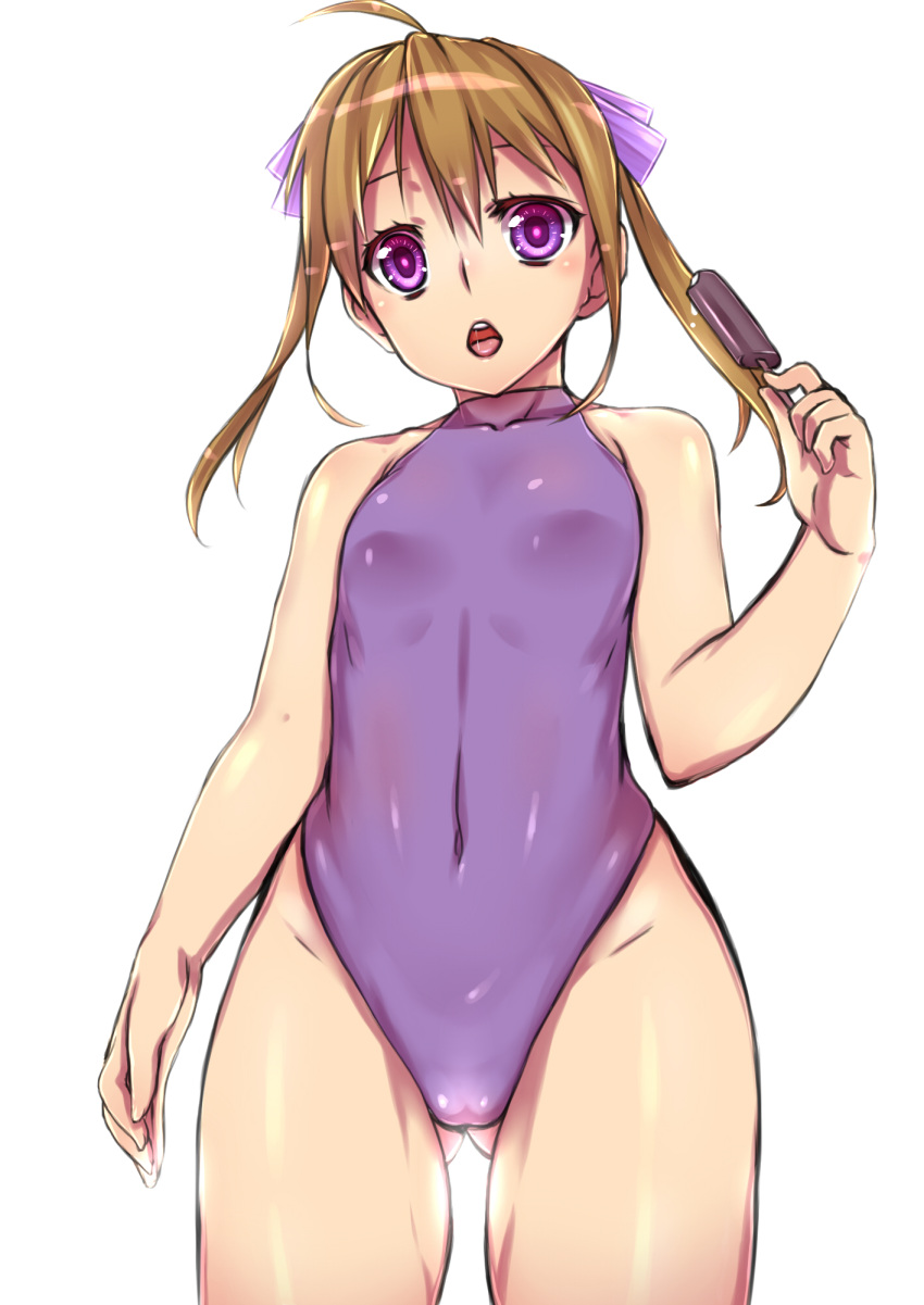 ahoge blonde_hair covered_navel gluteal_fold hair_ribbon highres long_hair one-piece_swimsuit original popsicle ribbon standing swimsuit tiha twintails violet_eyes