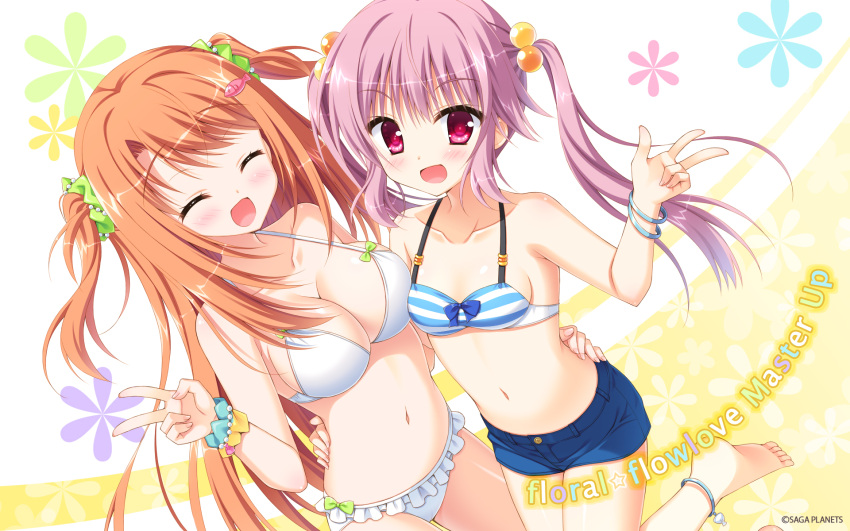 2girls barefoot bikini blue_shorts breasts brown_hair cleavage closed_eyes collarbone denim denim_shorts floral_flowlove frilled_bikini frills hair_bobbles hair_ornament hand_on_another's_hip highres large_breasts long_hair mihato_kano moribe_(rabumanyo) multiple_girls navel open_mouth pink_hair red_eyes saisu_riku short_shorts shorts sideboob small_breasts striped striped_bikini swimsuit twintails two_side_up v white_bikini