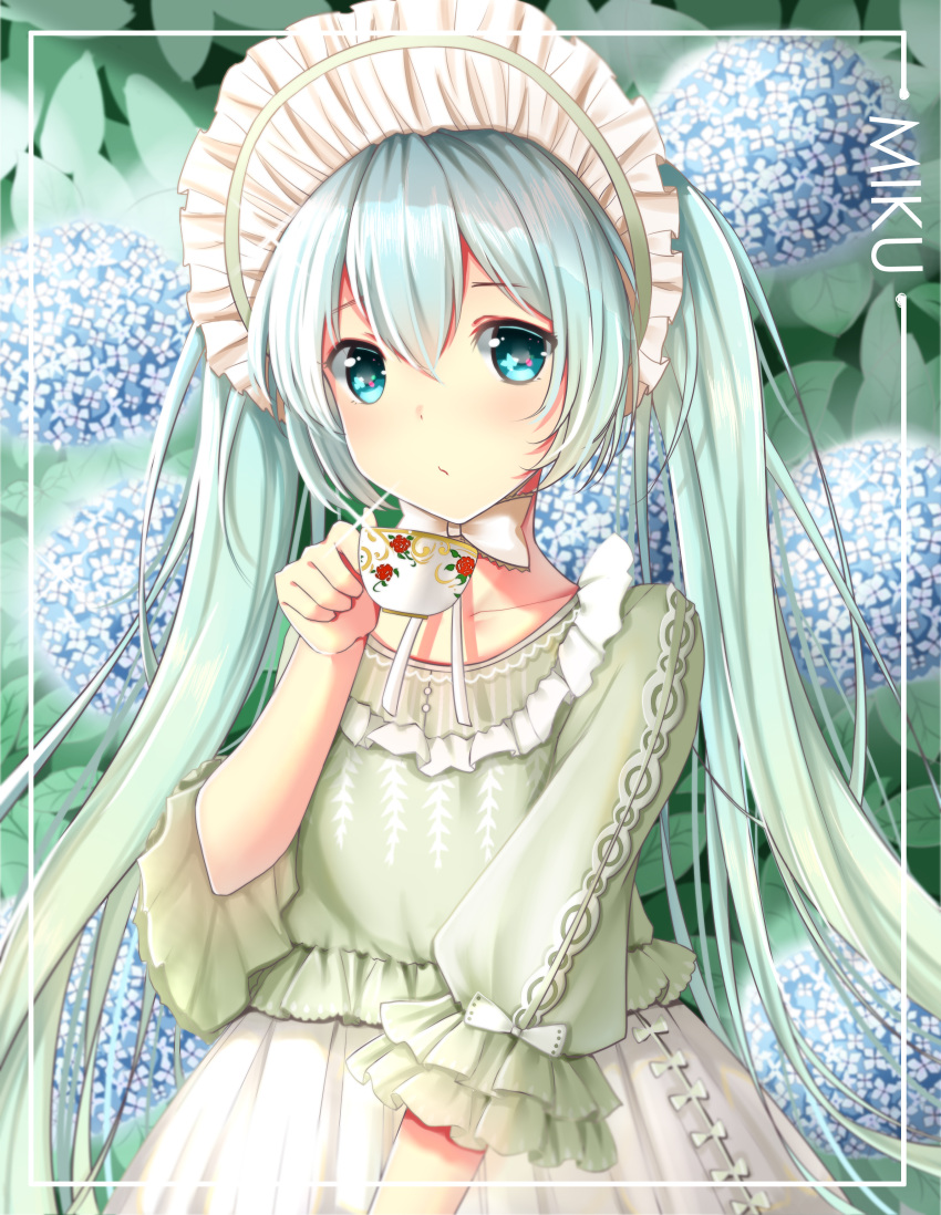 1girl absurdres aqua_eyes aqua_hair bonnet character_name chin_strap cup floral_background flower frilled_sleeves frills hatsune_miku highres holding holding_cup hydrangea lolita_fashion long_hair looking_at_viewer rhode skirt solo teacup twintails very_long_hair vocaloid