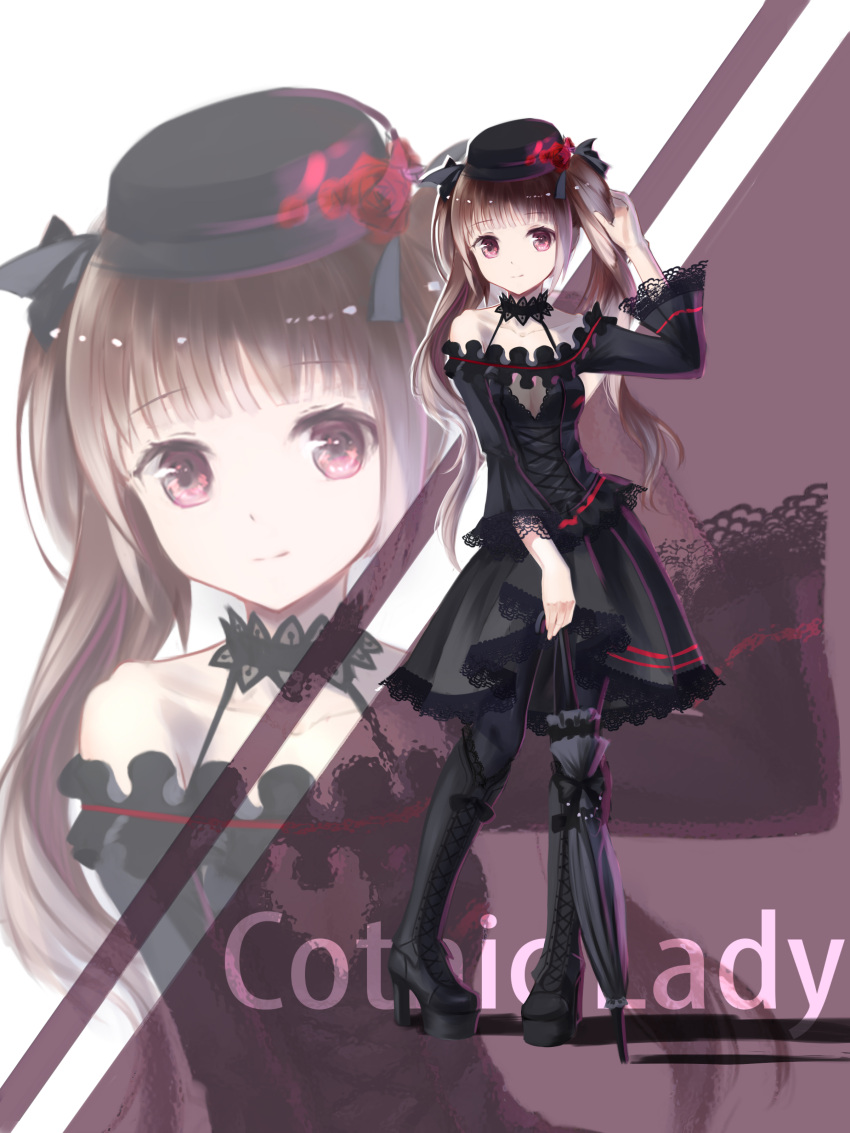 1girl absurdres bangs black_boots black_hat black_legwear black_ribbon black_skirt blunt_bangs boots breasts brown_hair character_request choker cleavage cleavage_cutout collarbone contrapposto copyright_request corset dress engrish eyebrows eyebrows_visible_through_hair flower full_body gothic_lolita hair_ribbon hand_in_hair hat hat_flower high_boots high_heel_boots high_heels highres holding lace_trim light_smile lolita_fashion long_hair looking_at_viewer pantyhose parasol ranguage red_eyes red_flowers red_rose ribbon rose skirt small_breasts solo tareme text twintails umbrella very_long_hair zoom_layer