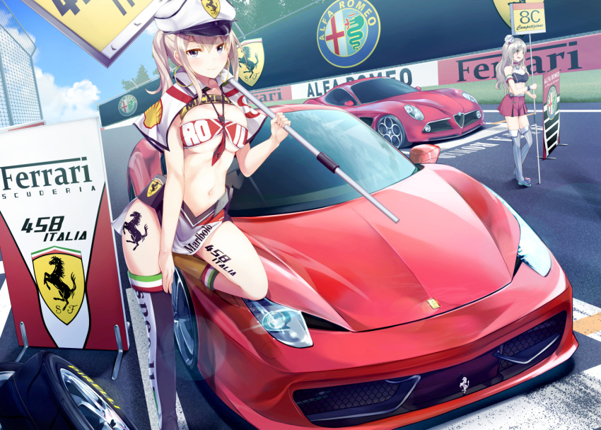 2girls ad adapted_costume alfa_romeo alternate_costume armband bandeau bangs banner between_breasts blush body_writing breasts capelet car carrying_over_shoulder chain-link_fence clothes_writing crop_top fence ferrari ferrari_458_italia gedou_(shigure_seishin) graf_zeppelin_(kantai_collection) grey_eyes ground_vehicle hair_between_eyes hand_on_own_thigh hat holding horse_print italian italian_flag kantai_collection kneehighs leg_up long_hair looking_at_viewer marlboro medium_breasts mini_hat mini_top_hat miniskirt motor_vehicle multiple_girls navel necktie necktie_between_breasts number outdoors peaked_cap placard pleated_skirt pola_(kantai_collection) pole print_legwear product_placement racecar racequeen racetrack red_necktie red_skirt road shade sign silver_hair single_kneehigh single_thighhigh skirt smile standing standing_on_one_leg stomach street thigh-highs top_hat twintails umbrella under_boob white_hat white_skirt