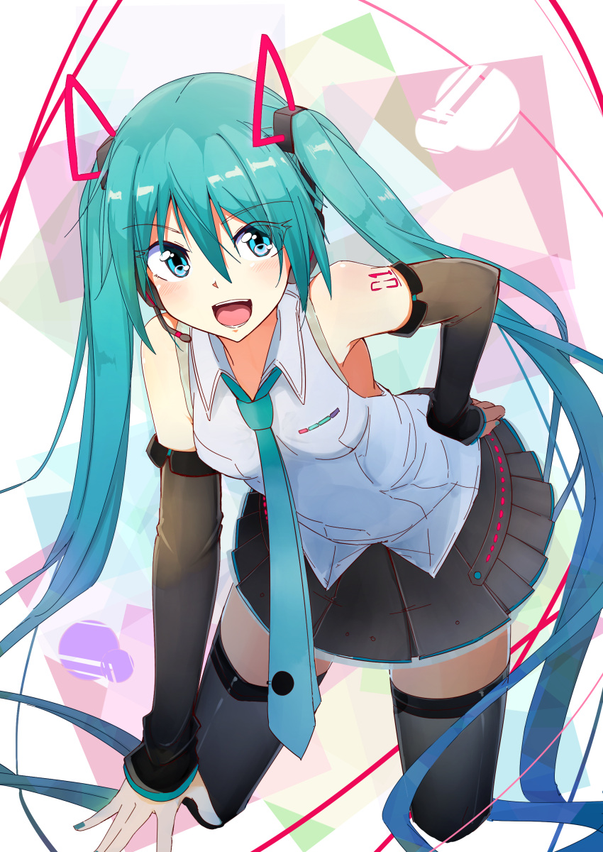 1girl :d absurdres aqua_eyes aqua_hair cowboy_shot detached_sleeves hand_on_hip hatsune_miku headset highres kazenoko leaning_forward long_hair looking_at_viewer necktie open_mouth skirt smile solo thigh-highs twintails very_long_hair vocaloid
