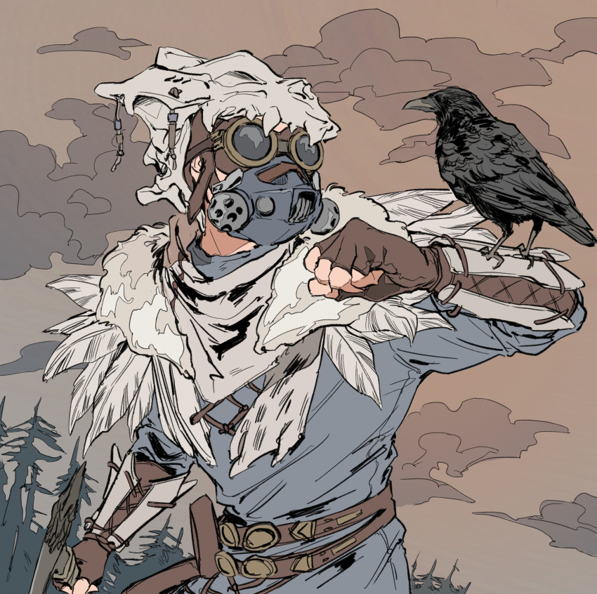 1other ambiguous_gender animal_on_arm animal_skull apex_legends axe belt bird bird_on_arm bloodhound_(apex_legends) blue_shirt brown_belt brown_gloves clenched_hand clouds crow feathers fingerless_gloves forest gas_mask gloves goggles highres holding holding_axe nature shirt solo tree y_(user_rjry7778) young_blood_bloodhound