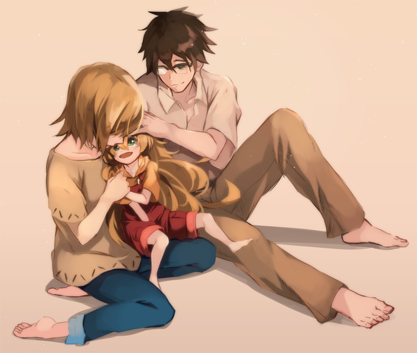 1boy 2girls amaama_to_inazuma blonde_hair family father_and_daughter glasses green_eyes hidden_face husband_and_wife inuzuka_kouhei inuzuka_tae inuzuka_tsumugi long_hair mother_and_daughter multiple_girls overalls sitting smile tree-raim