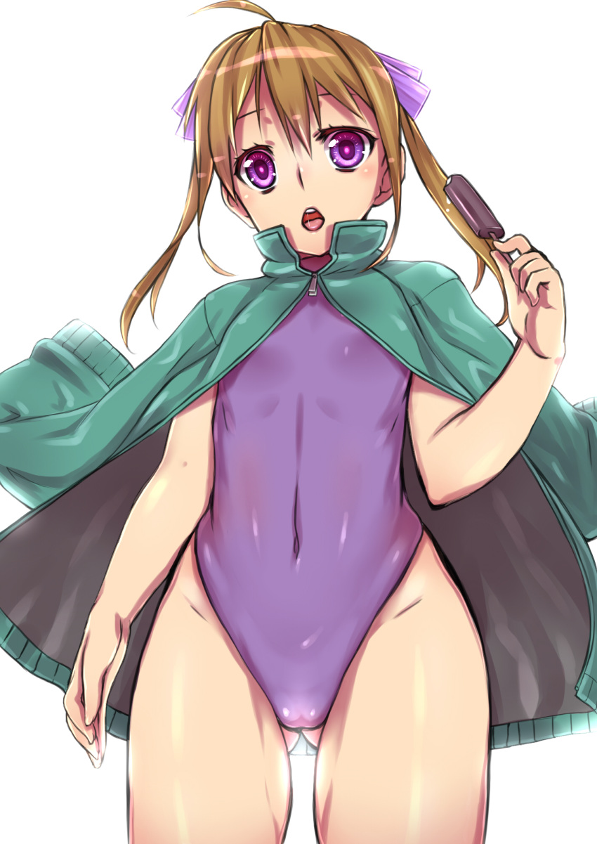 ahoge blonde_hair covered_navel gluteal_fold hair_ribbon highres jacket long_hair one-piece_swimsuit original popsicle ribbon standing swimsuit tiha track_jacket twintails violet_eyes