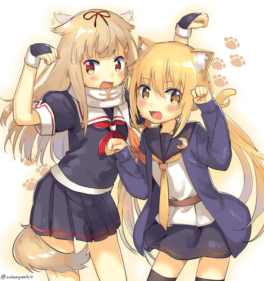 2girls :3 :d absurdres animal_ears black_serafuku blonde_hair commentary_request crescent fang fingerless_gloves gloves hair_flaps hair_ornament hair_ribbon highres kantai_collection kemonomimi_mode long_hair low_twintails multiple_girls neckerchief open_mouth paw_print pleated_skirt remodel_(kantai_collection) ribbon satsuki_(kantai_collection) scarf school_uniform serafuku skirt smile tail thigh-highs twintails twitter_username white_scarf yellow_eyes yuudachi_(kantai_collection) zettai_ryouiki zuho_(vega)