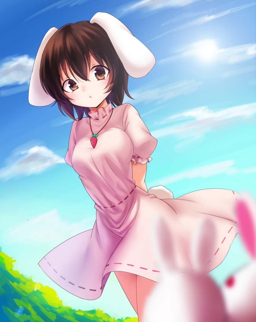 1girl absurdres alternate_breast_size animal_ears arms_behind_back black_hair blue_sky breasts brown_eyes bunny_tail day dress floppy_ears highres inaba_tewi koissa looking_at_viewer medium_breasts outdoors pink_dress puffy_short_sleeves puffy_sleeves rabbit rabbit_ears ribbon-trimmed_sleeves ribbon_trim short_hair short_sleeves sky solo standing tail touhou